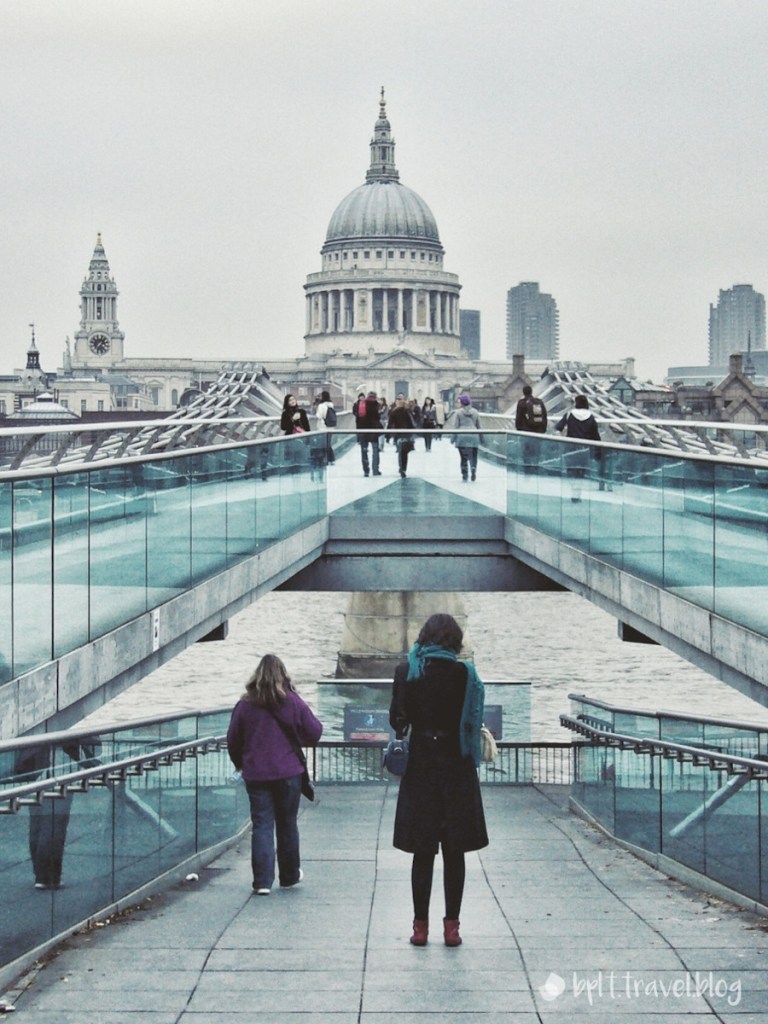 Millennium Bridge with St Paul's Cathedral across the river, London.