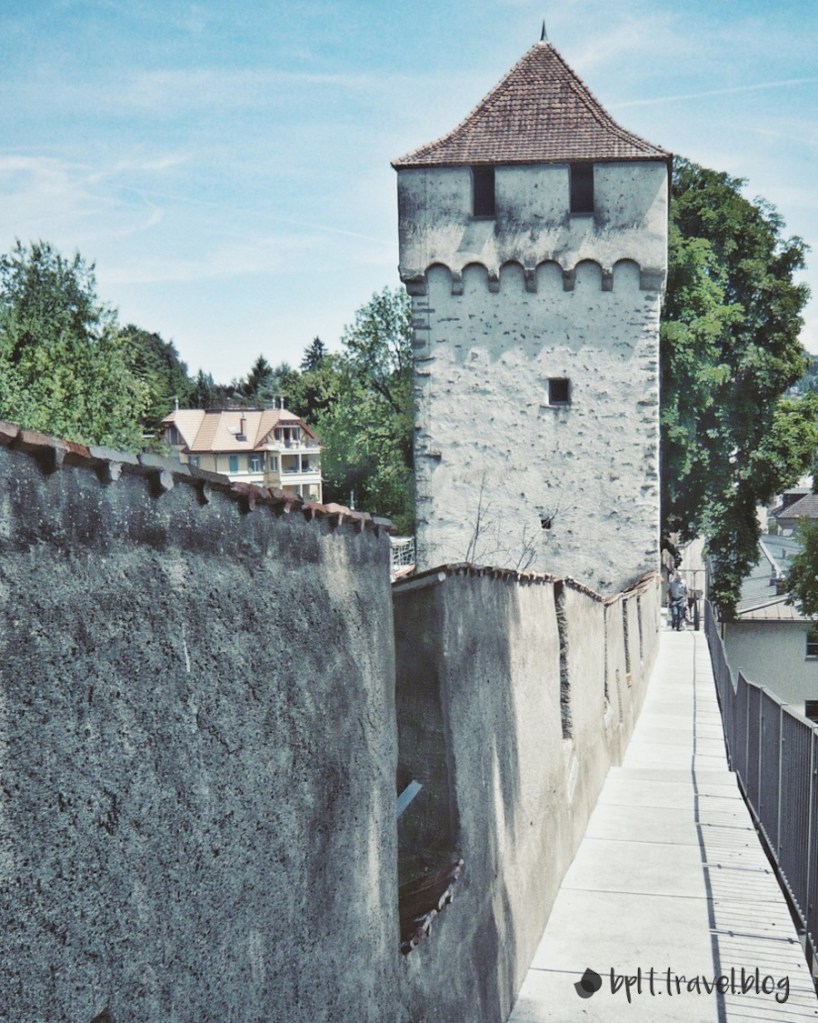 One of the nine watch towers that line the old town walls in Lucerne.
