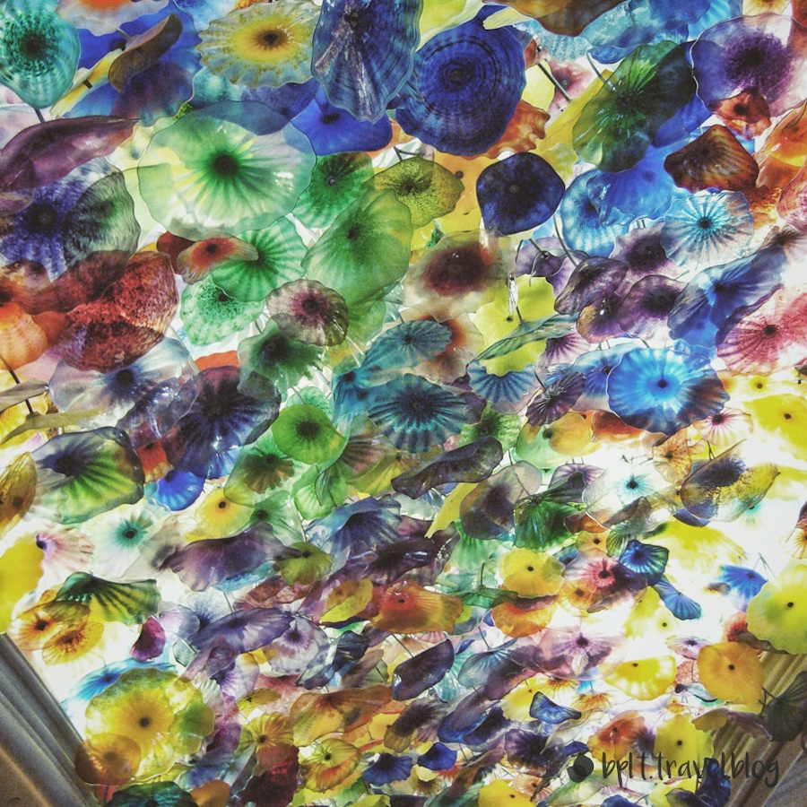 Hand-blown glass flowers in the lobby of the Bellagio, Las Vegas Strip, USA.