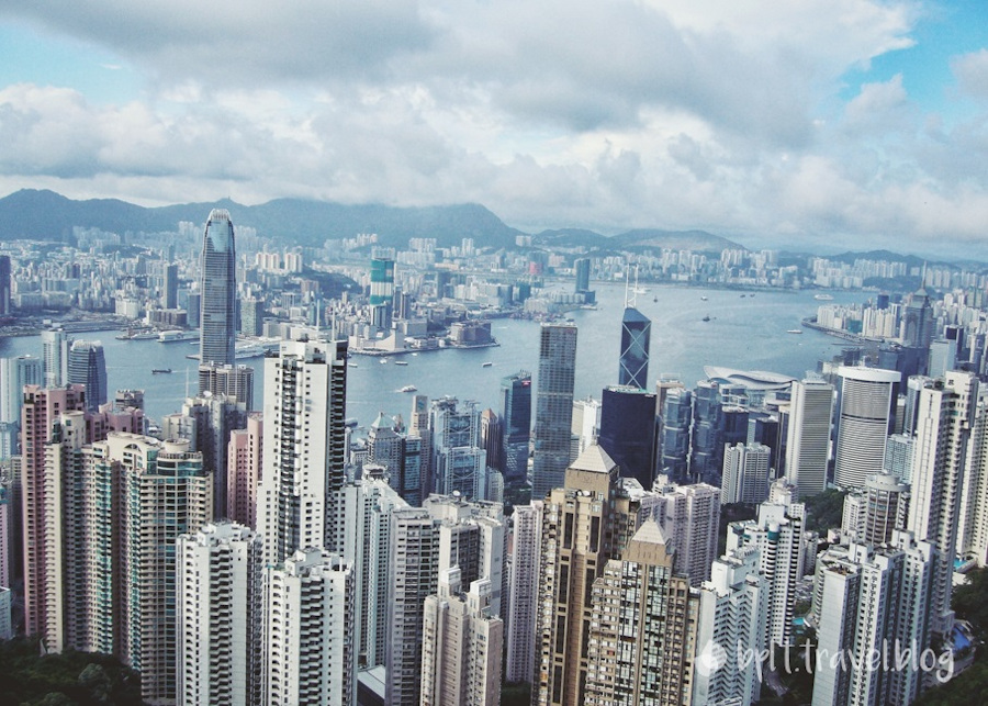 Panoramic view of the city from The Peak in Hong Kong, China.